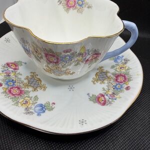 Shelley England Fine Bone China Teacup and Saucer Floral Gold Trim Blue Handle